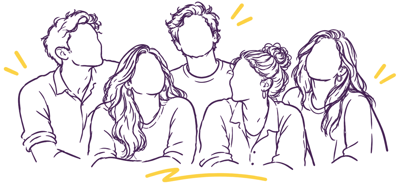 Line drawing of five faceless people, the anonymous team behind WokeOnPaper