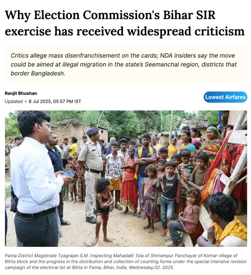 "Why Election Commission's Bihar SIR exercise has received widespread criticism" — Ranjit Bhushan, 8 July 2025.