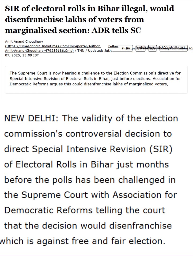 The Times of India, 7 July 2025: the Association for Democratic Reforms tells the Supreme Court the SIR would disenfranchise lakhs of voters from marginalised sections.