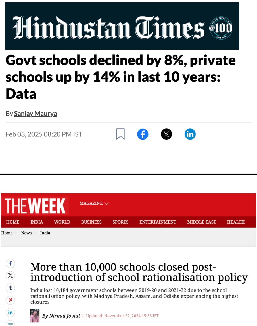 Hindustan Times (3 February 2025) and The Week (27 November 2024) on the decline of government schools and the closures that followed the school rationalisation policy.