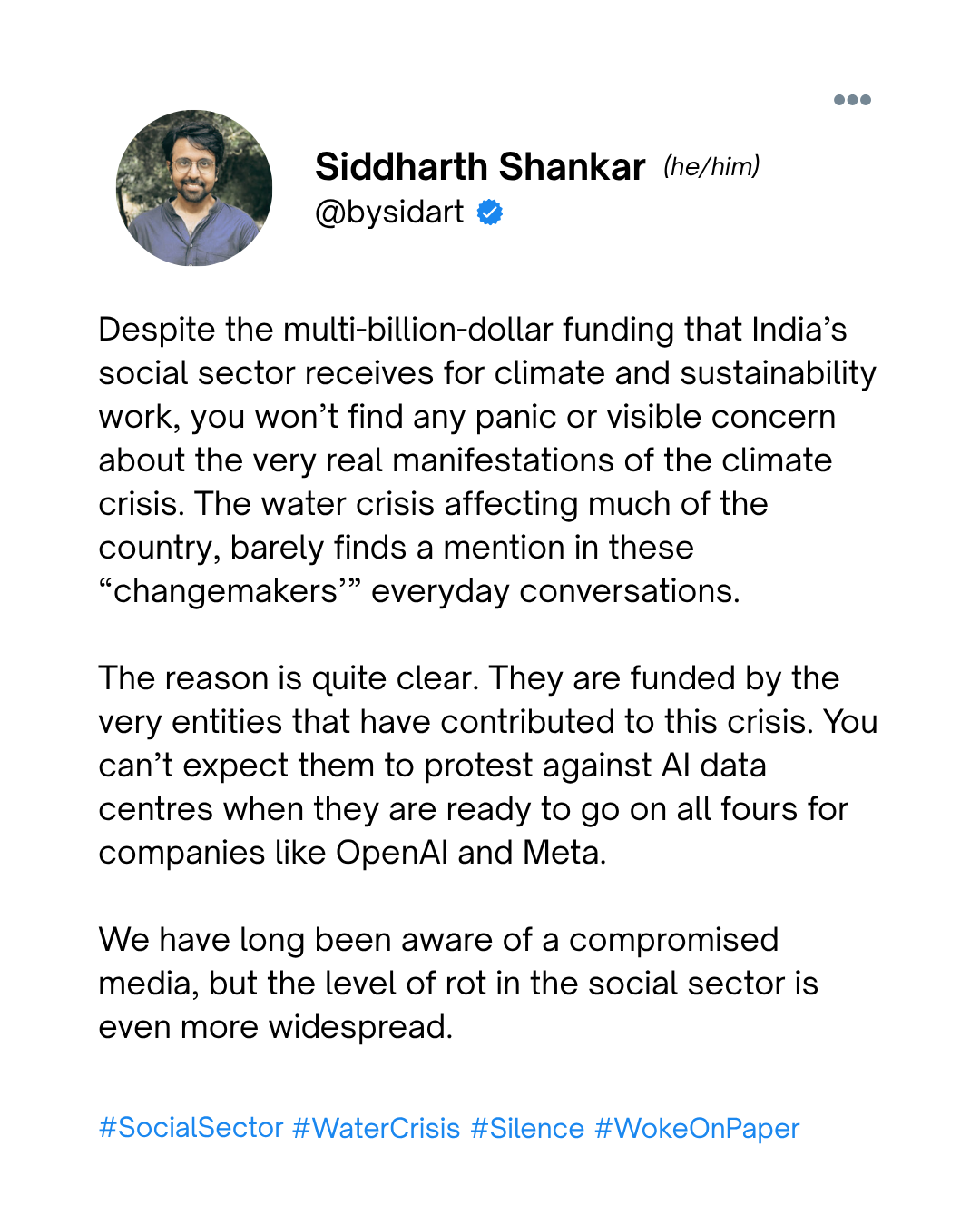 Post by Siddharth Shankar (@bysidart) on the social sector's silence on the climate and water crisis