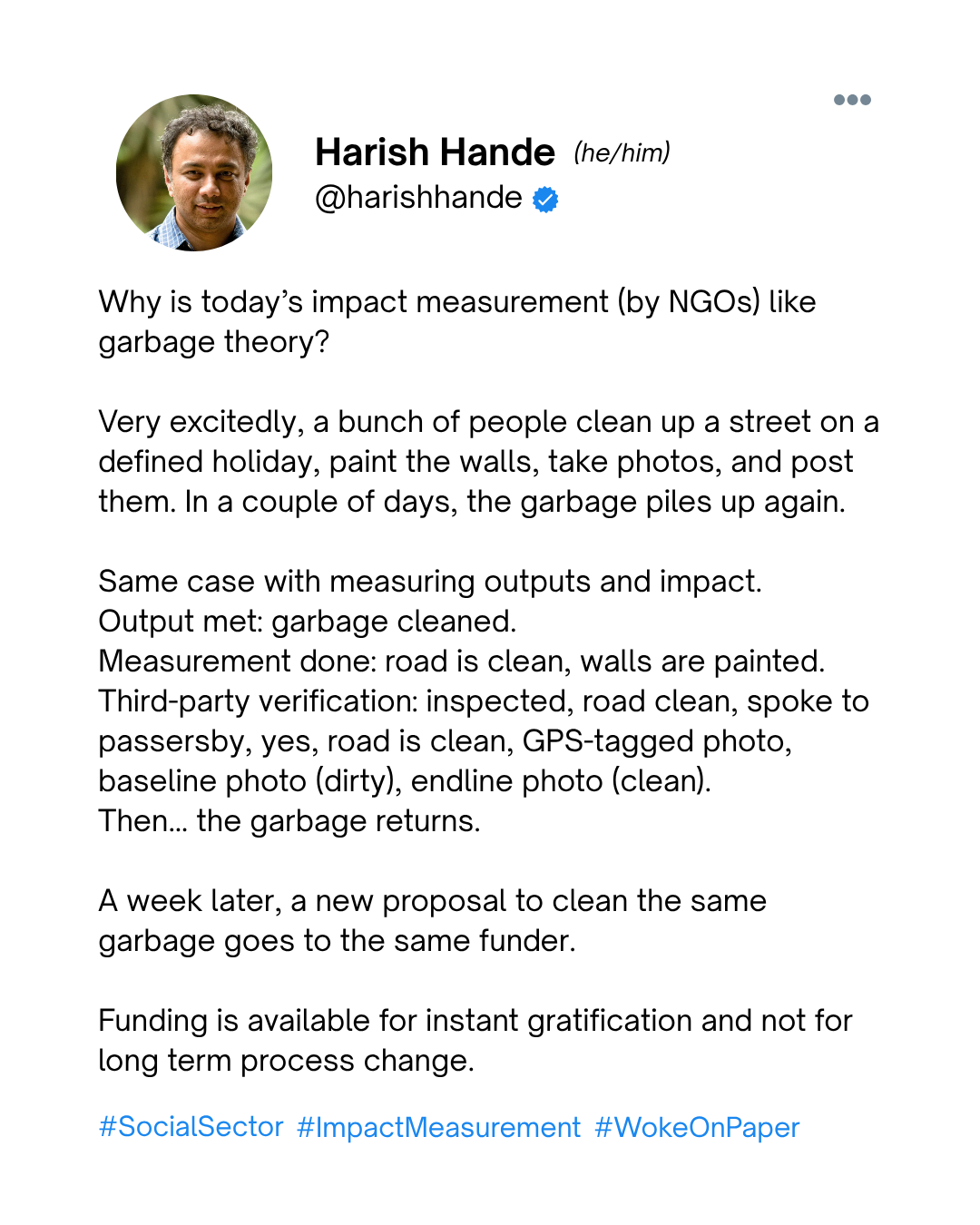 Post by Harish Hande (@harishhande) comparing NGO impact measurement to garbage theory